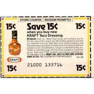 Save 15¢ When You Buy New Kraft Taco Dressing Clinton IA 1980s Coupon SAI1-M5
